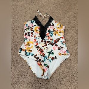 XL one piece halter tie neck floral lace front swimsuit swim multicolor white